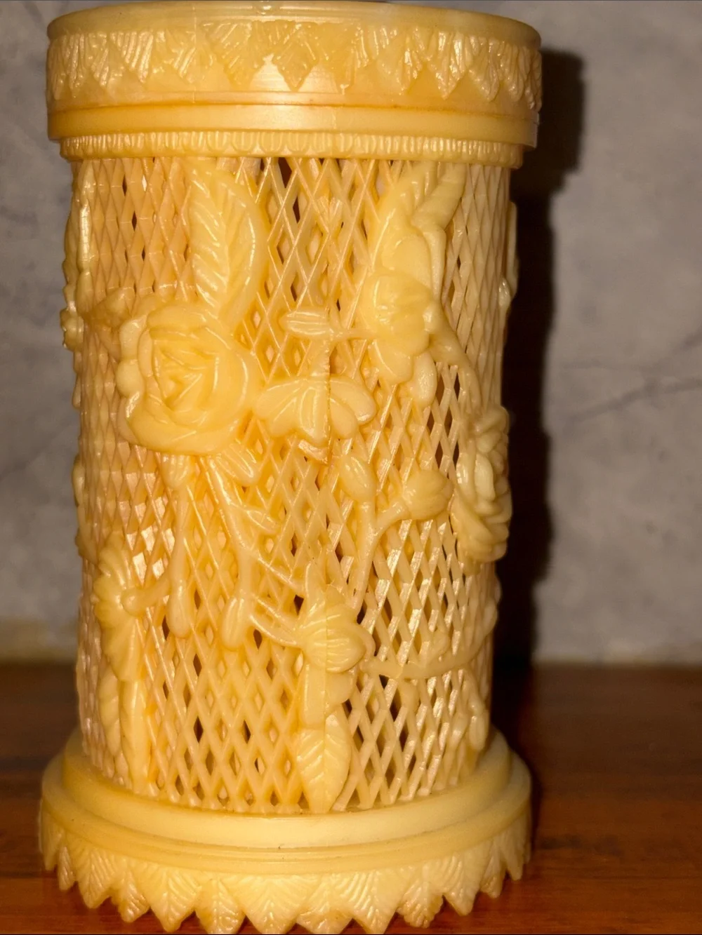 1960s MCM Lattice/ Floral Carved Resin Lidded Jar with 32 Tiny Forks Inside